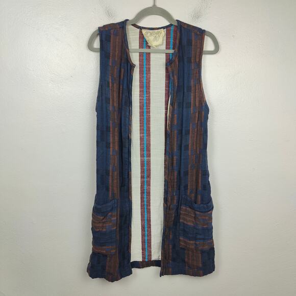 Ace & Jig Open Cardigan Sweater Womens Small Blue Brown Sleeveless Lagenlook - Picture 1 of 8